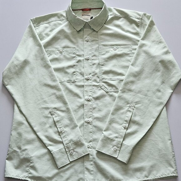 Simms Double Haul Fishing Shirt Men L Light Green Texture Wave Pockets Stretch - Picture 1 of 16